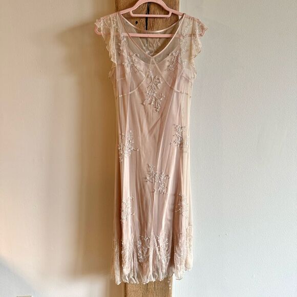 Sue Wong Vintage Embroidered Midi Cocktail Dress - Tan - Picture 1 of 7